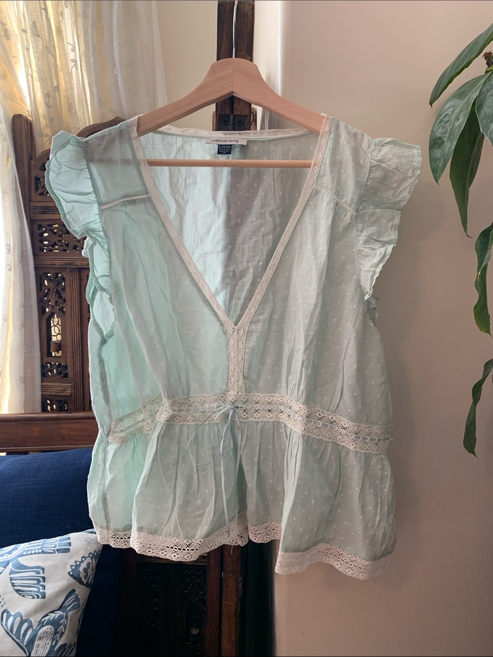 American Eagle Outfitters Pale Mint Swiss Dot Lace-Trim Peplum Blouse